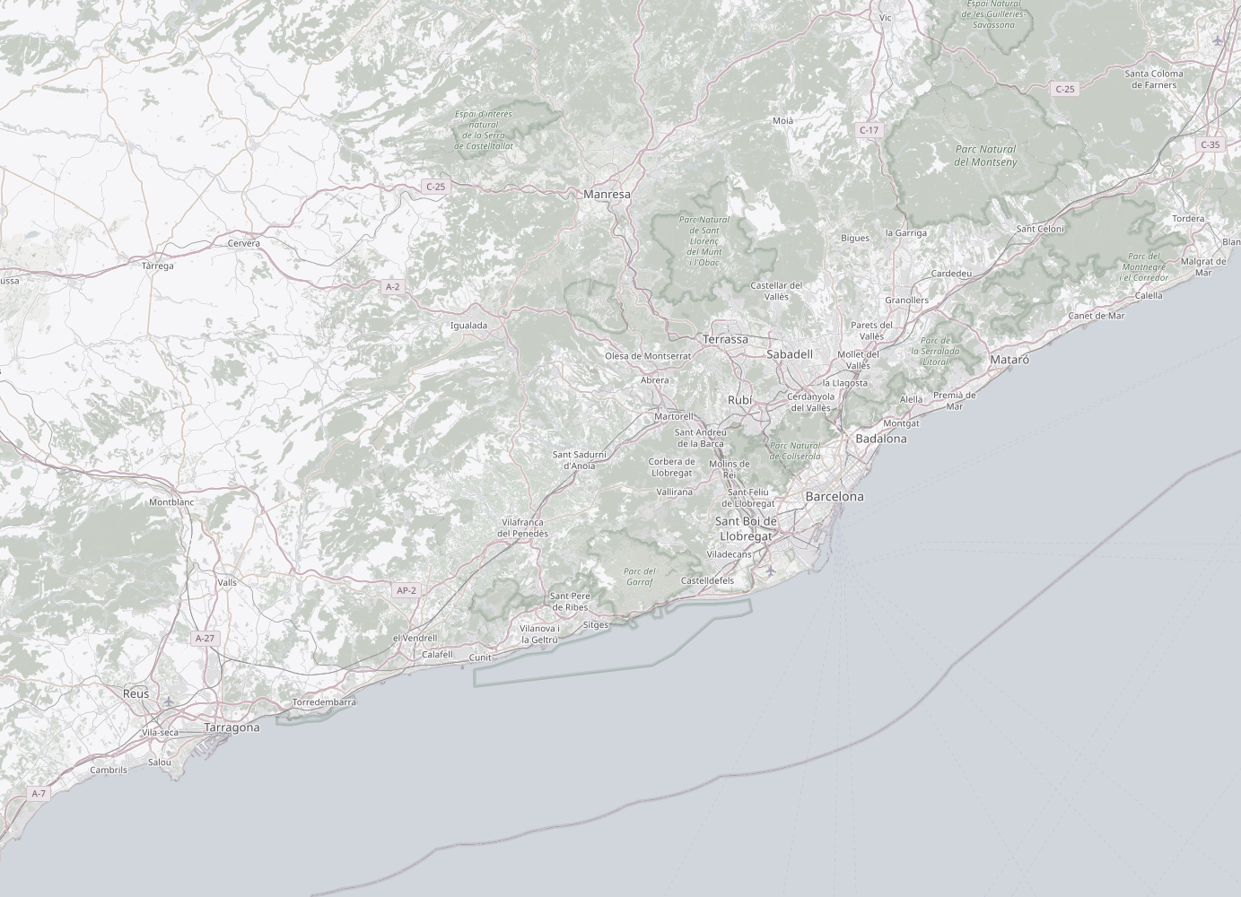 Mapa de la costa de Barcelona y Tarragona con nuestras zonas de servicio marcadas: Barcelona y alrededores en un radio de aproximadamente una hora, Tarragona y Salou.